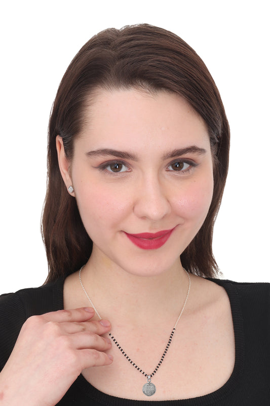 Round Cz Stone Pendant and Earring Mangalsutra Set in 925 Sterling Silver