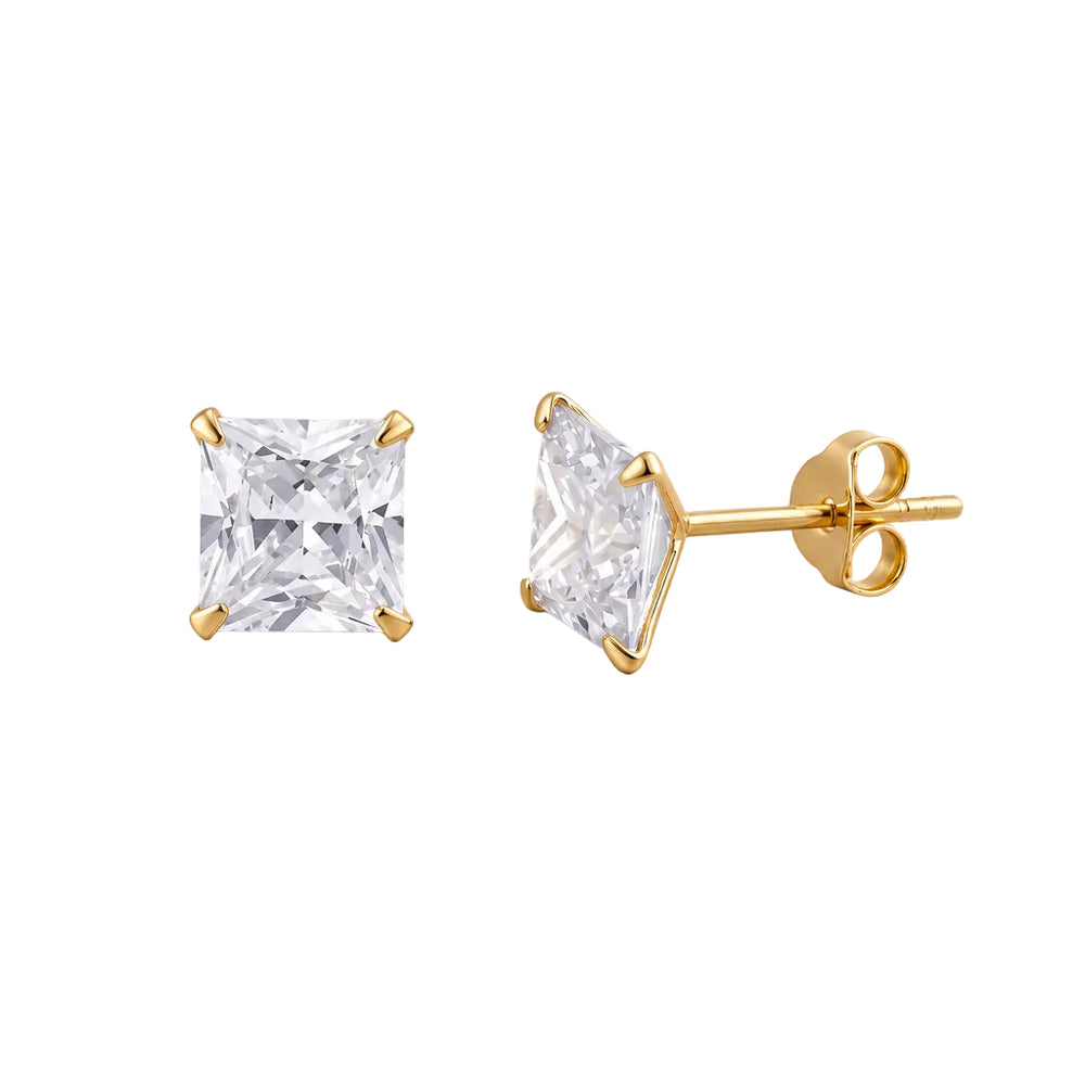 18k Gold Plated 925 Sterling Silver pair of Square shape 7mm Single White Cz Unisex Stud Earrings - Studs