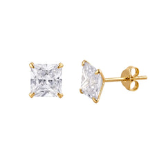 18k Gold Plated 925 Sterling Silver pair of Square shape 7mm Single White Cz Unisex Stud Earrings - Studs