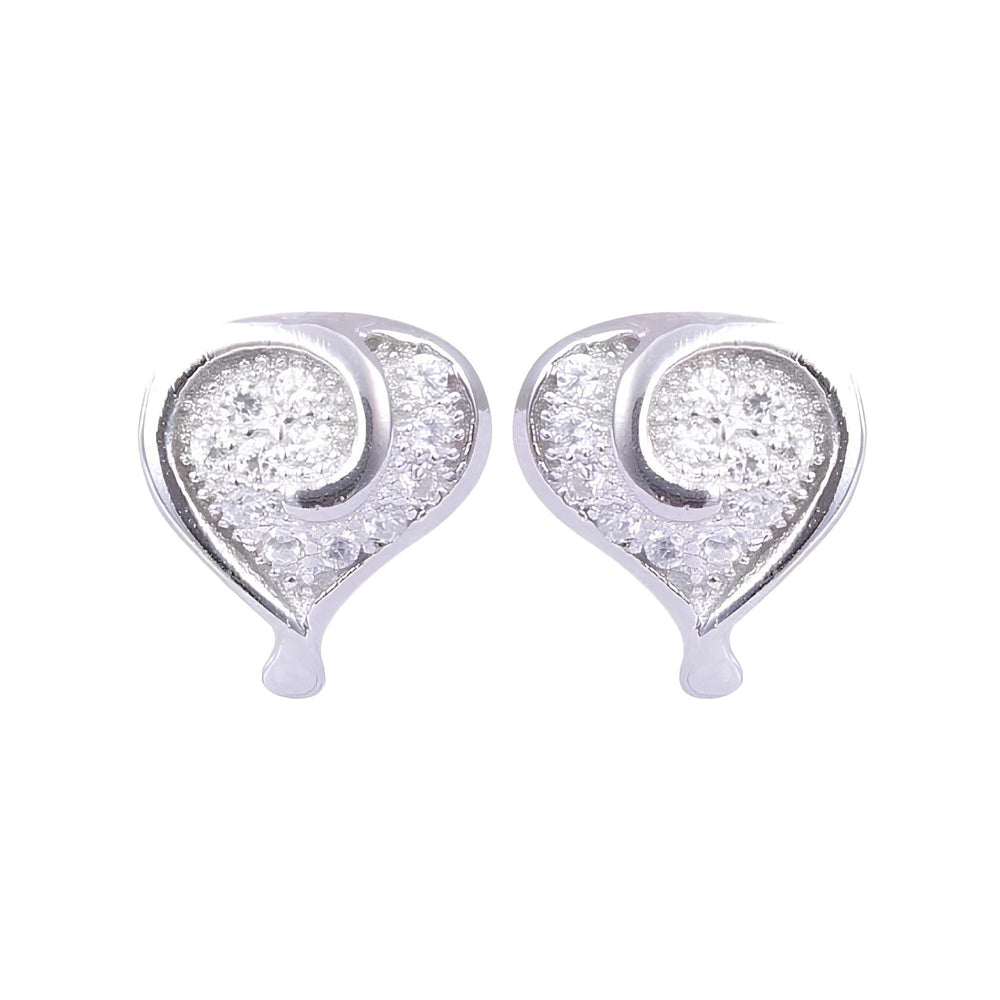 A pair of silver heart-shaped stud earrings with pavé-set clear stones, shown on a plain white background.