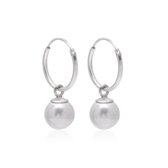 92.5 Sterling Silver 14mm Hoop Earrings with 8mm hanging White Pearl - Hoops