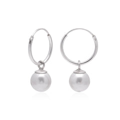 92.5 Sterling Silver 14mm Hoop Earrings with 8mm hanging White Pearl - Hoops
