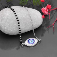 92.5 Sterling Silver Evil Eye Bracelet with Black Beads - Bangles And Bracelets