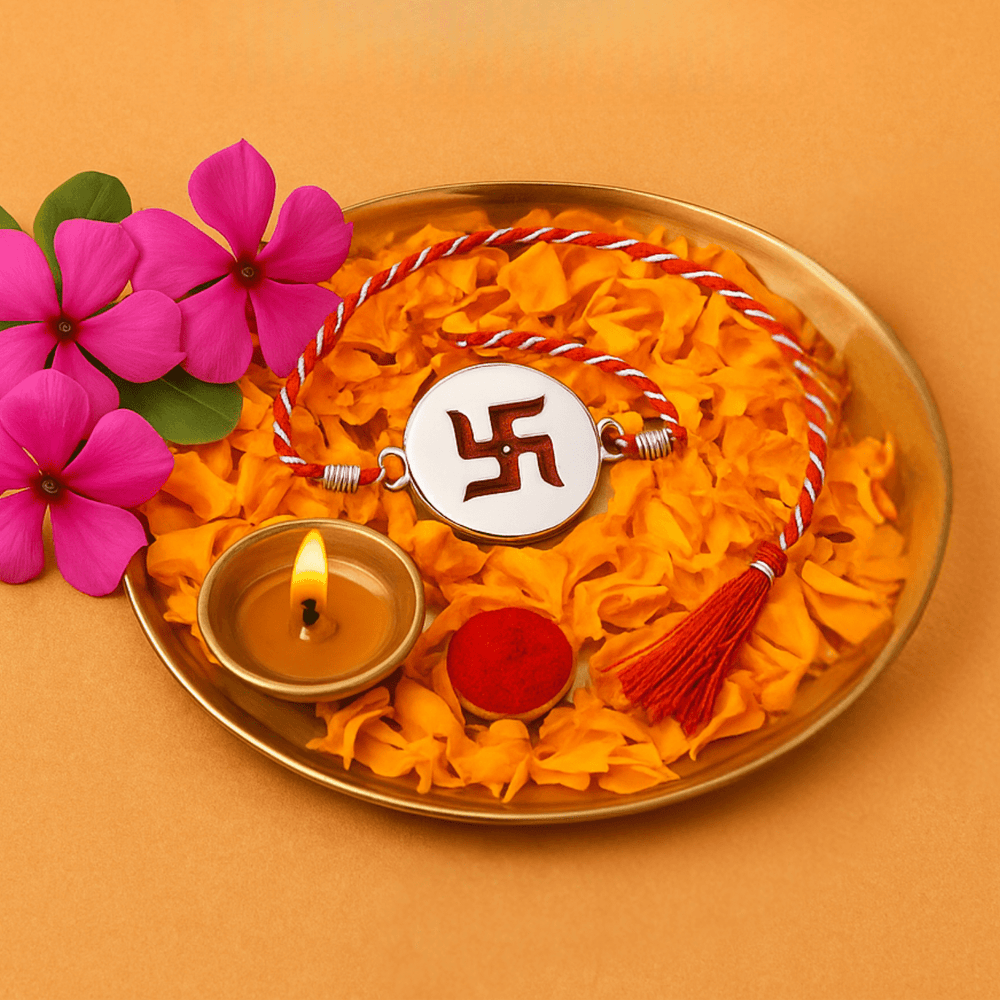 92.5 Sterling Silver Swastik Rakhi Red Thread - Bangles And Bracelets
