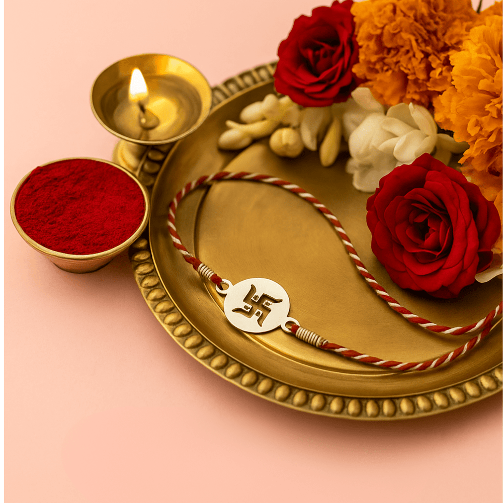92.5 Sterling Silver Swastik Rakhi Red Thread - Bangles And Bracelets