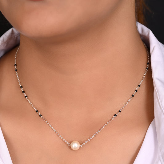 925 Sterling Silver Trendy Designer Pearl Black Beads Mangalsutra