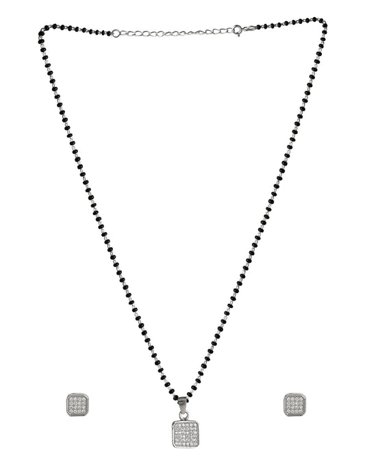 Square Solitaire Pendant and Earring Mangalsutra Set in Pure 925 Sterling Silver