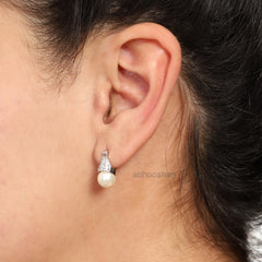 Pair of Stud Earrings Drop Pearl with Cubic Zirconia in 92.5 Silver