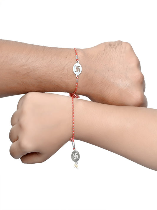 Combo of 92.5 Sterling Silver Swastik Rakhi in Red Thread for Bhaiya Bhabhi