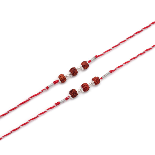 Combo 92.5 Sterling Silver Rudraksh Rakhi Red Thread Bhaiya Bhabhi