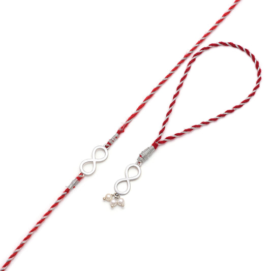 Combo of 92.5 Sterling Silver Infinity Rakhi in Red Thread for Bhaiya Bhabhi Couple Rakhi