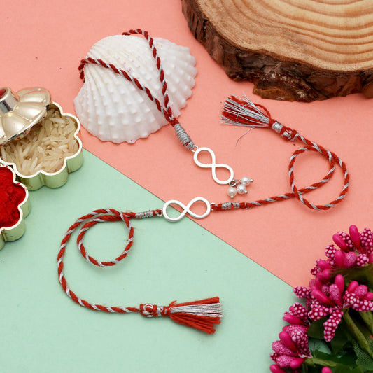 Combo of 92.5 Sterling Silver Infinity Rakhi in Red Thread for Bhaiya Bhabhi Couple Rakhi