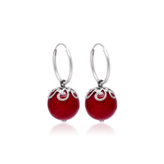 Designer Hanging Earrings with Red Shell Pearl in Hoop in 92.5 Sterling Silver