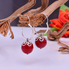 Designer Hanging Earrings with Red Shell Pearl in Hoop in 92.5 Sterling Silver