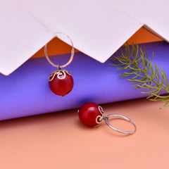 Designer Hanging Earrings with Red Shell Pearl in Hoop in 92.5 Sterling Silver