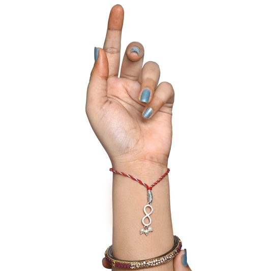 92.5 Sterling Silver Infinity Loomba Rakhi for Bhabhi in Red Thread