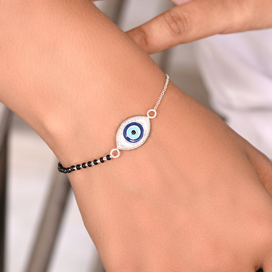 92.5 Sterling Silver Evil Eye Bracelet with Black Beads