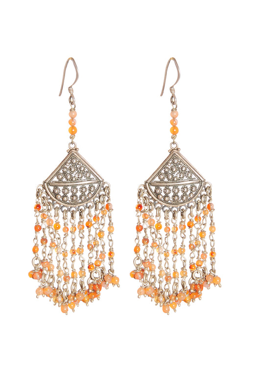 Designer pair of Traditional Indian Jhumkis in Pure 925 Silver with Carnelian beads