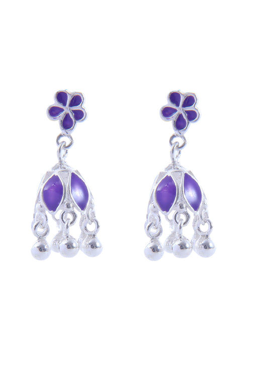 Designer pair of Traditional Indian Jhumkis in Purple Enamel and 925 Silver