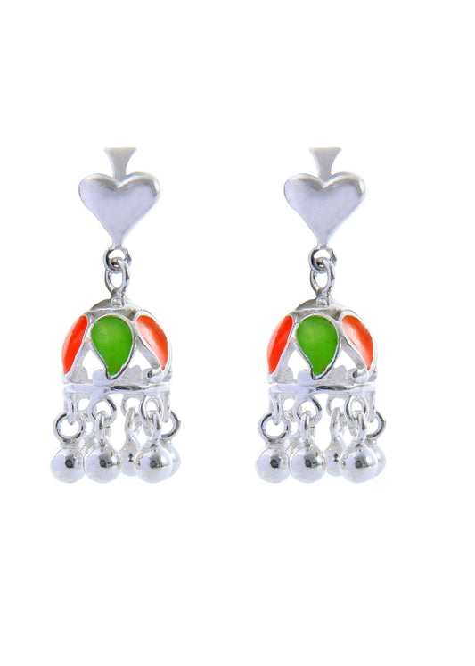 Designer pair of Traditional Indian Jhumkis in Colorful Enamel and 925 Silver
