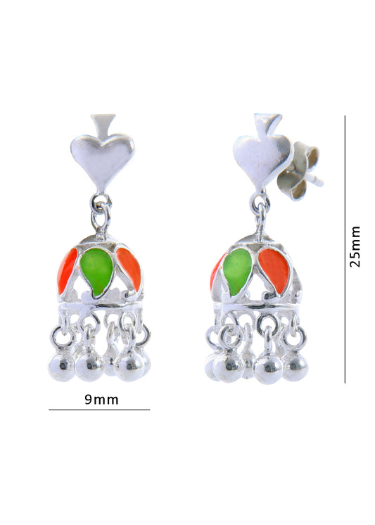 Designer pair of Traditional Indian Jhumkis in Colorful Enamel and 925 Silver