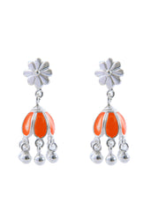 Designer pair of Traditional Indian Jhumkis in Orange Enamel and 925 Silver