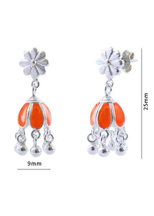 Designer pair of Traditional Indian Jhumkis in Orange Enamel and 925 Silver