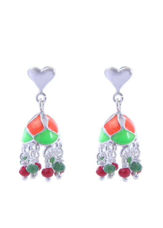 Designer pair of Traditional Indian Jhumkis in Colorful Enamel and 925 Silver