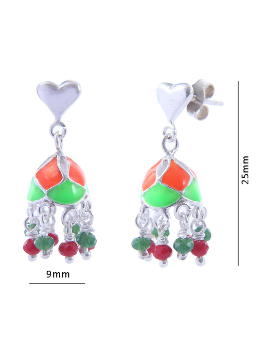 Designer pair of Traditional Indian Jhumkis in Colorful Enamel and 925 Silver