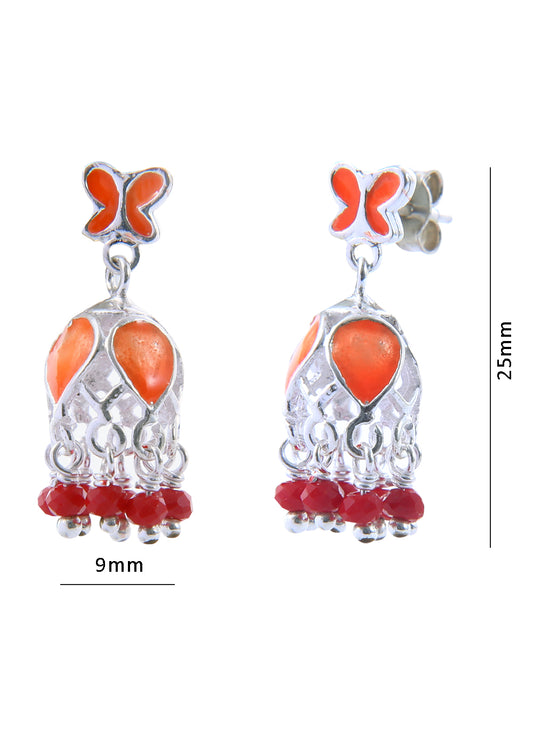 Designer pair of Traditional Indian Jhumkis in Orange Enamel and 925 Silver