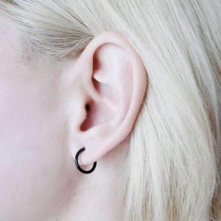 925 Sterling Silver Cute and Little Pair of Black Enamel Hoop Earrings