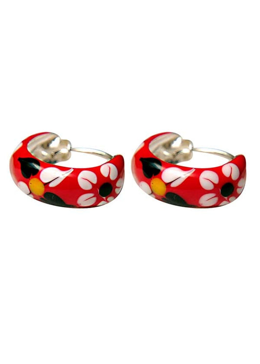 925 Sterling Silver Cute Pair of Red Enamel Hoop Earrings