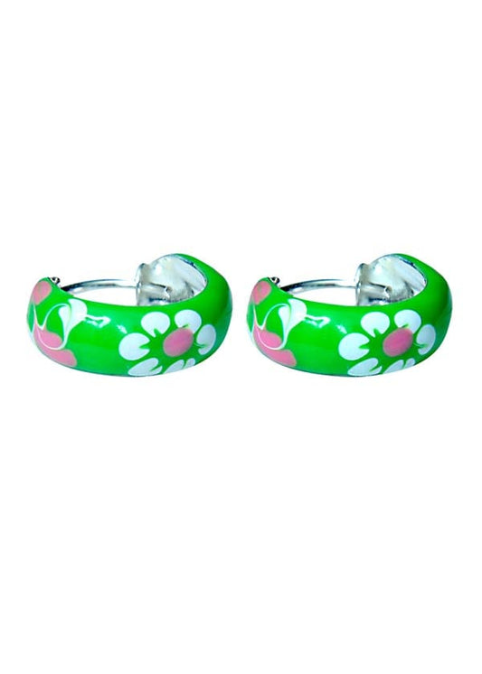 925 Sterling Silver Cute Pair of Green Enamel Hoop Earrings