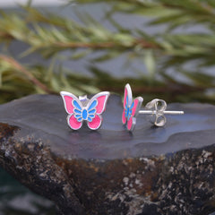 Pure 925 Sterling Silver Cute and Elegant Enamel Butterfly Studs Earrings