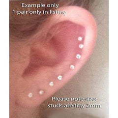 Sterling Silver pair of Round shape 2mm Single White Cubic Zircon (CZ) Stone Solitaire Stud Earrings