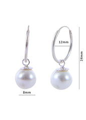 92.5 Sterling Silver 12mm Hoop Earrings with 8mm hanging White Pearl