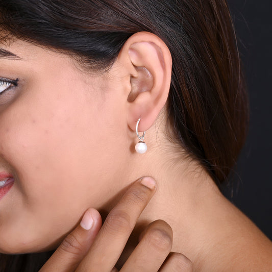 92.5 Sterling Silver 14mm Hoop Earrings with 8mm hanging White Pearl