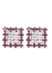 92.5 Sterling Silver Square Studs Unisex Earrings Purple and White Cubic Zirconia CZ