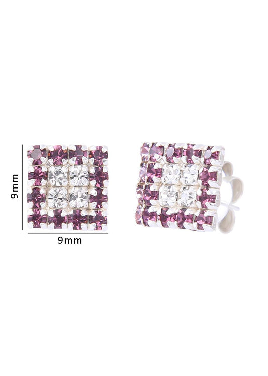 92.5 Sterling Silver Square Studs Unisex Earrings  Purple and White Cubic Zirconia CZ
