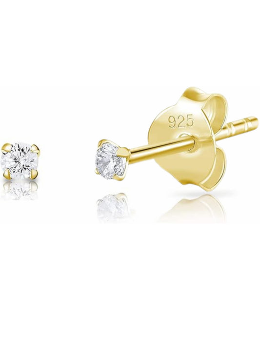 18k Gold Plated 925 Sterling Silver pair of Round 2mm Single White Cz Unisex Stud Earrings