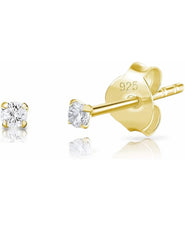 18k Gold Plated 925 Sterling Silver pair of Round 2mm Single White Cz Unisex Stud Earrings