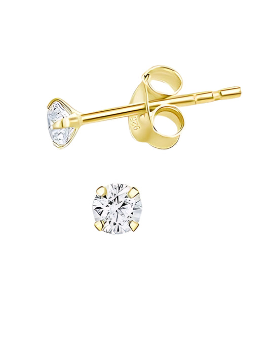 18k Gold Plated 925 Sterling Silver pair of Round 3mm Single White Cz Unisex Stud Earrings
