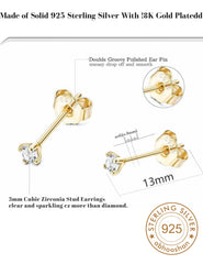 18k Gold Plated 925 Sterling Silver pair of Round 3mm Single White Cz Unisex Stud Earrings