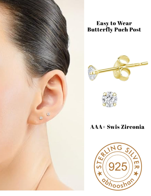 18k Gold Plated 925 Sterling Silver pair of Round 3mm Single White Cz Unisex Stud Earrings
