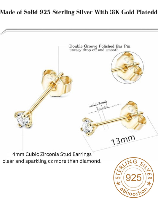 18k Gold Plated 925 Sterling Silver pair of Round 4mm Single White Cz Unisex Stud Earrings
