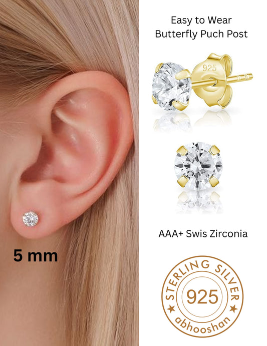 18k Gold Plated 925 Sterling Silver pair of Round 5mm Single White Cz Unisex Stud Earrings
