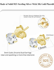 18k Gold Plated 925 Sterling Silver pair of Round 5mm Single White Cz Unisex Stud Earrings