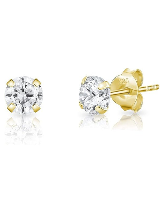 18k Gold Plated 925 Sterling Silver pair of Round 6 mm Single White Cz Unisex Stud Earrings