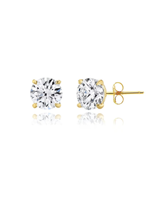 18k Gold Plated 925 Sterling Silver pair of Round 8mm Single Stone White CZ Unisex Stud Earrings
