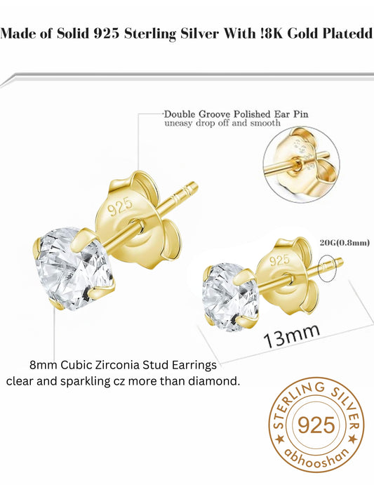18k Gold Plated 925 Sterling Silver pair of Round 8mm Single Stone White CZ Unisex Stud Earrings